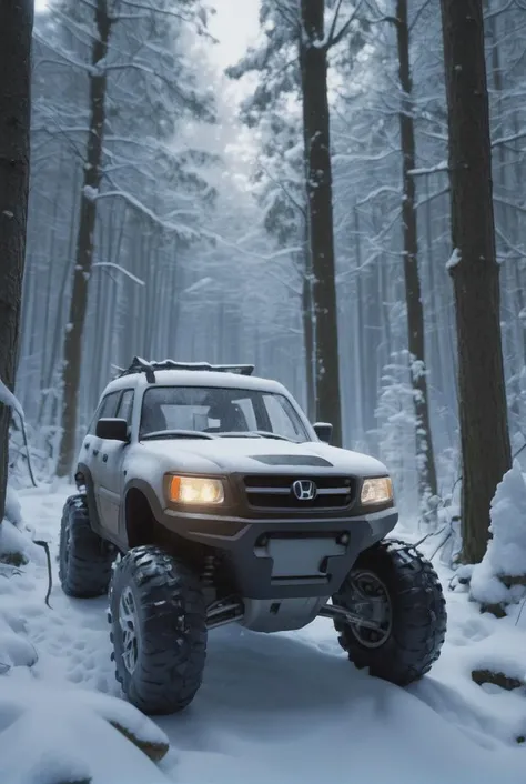 detailed, dense woods, ([Honda|2 wheeled vehicle]:1.1) , Stupid, inspired by Unilever, Snowy, Movie still, Cold Lighting, F/8