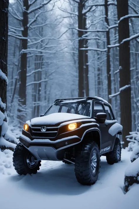 detailed, dense woods, ([Honda|2 wheeled vehicle]:1.1) , Stupid, inspired by Unilever, Snowy, Movie still, Cold Lighting, F/8