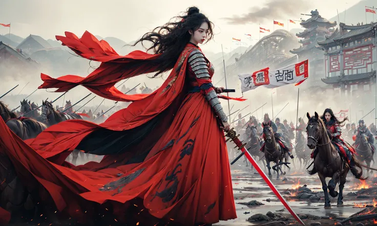 Image of Alavid holding a sword in front of a crowd of women in a red dress, xianxia fantasy, Wuxia, full-body wuxia, Hanfu, xianxia hero, inspired by Du Qiong, Chinese fantasy, three kingdom, palace, A girl in Hanfu, The crowd followed, hyper realisitc, chiaroscuro, cinematic lighting, UHD, ccurate, anatomically correct, textured skin, masterpiece, 4K