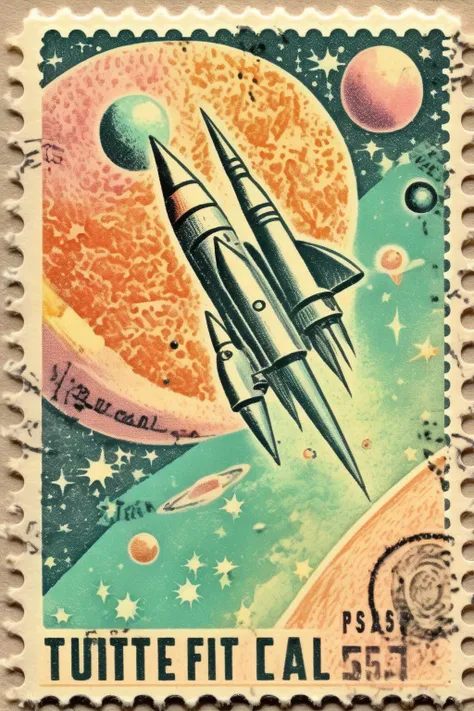 <lora:Vintage Postage Stamps:1>Vintage Postage Stamps - vintage postage stamp in pastel colors with outer space