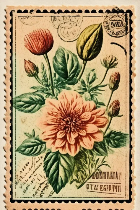 <lora:Vintage Postage Stamps:1>Vintage Postage Stamps - old vintage postcard template with stamp decorated with botanic art, flowers on the white background
