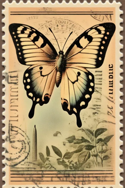 <lora:Vintage Postage Stamps:1>Vintage Postage Stamps - vintage style ephemera postage stamp with neutral-colored muted butterfly
