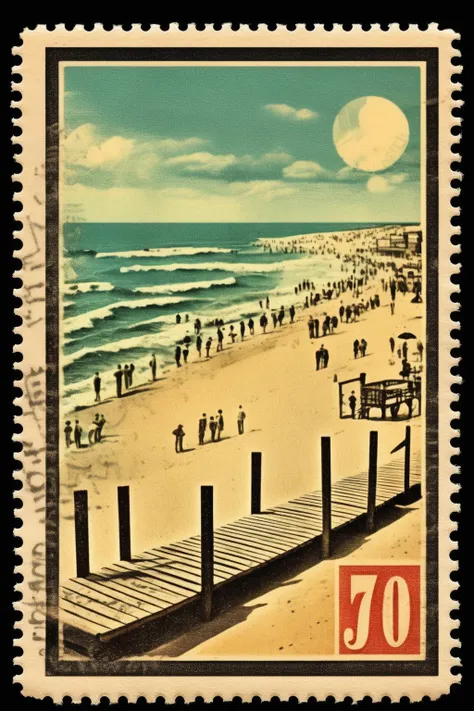 <lora:Vintage Postage Stamps:1>Vintage Postage Stamps - stamp depicting beach boardwalk HD Detailed Vintage isolated image on black background s 750