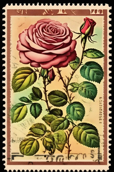 <lora:Vintage Postage Stamps:1>Vintage Postage Stamps - Rose vintage flowers colorful postage stamp