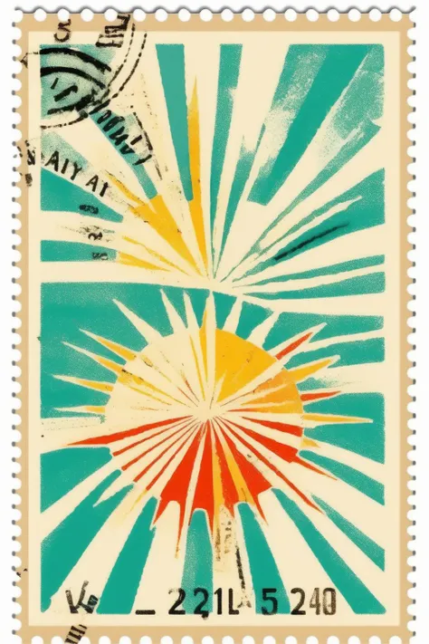 <lora:Vintage Postage Stamps:1>Vintage Postage Stamps - postage stamp of sunburst and calm sea. Simple abstract shapes on white. Use diagonals and curves. In the style of andy warhol