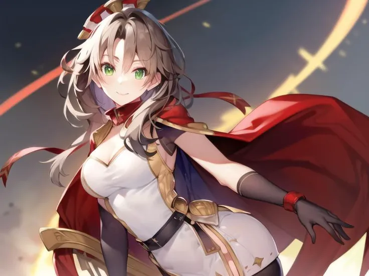 (hyper extreme detailed),(masterpeace),(hyper extreme),(photorealistic),CG,(colour:1.2), beautiful lighting,light from the front, solo,smlie, <lora:Exeter:1>,Exeter,blown hair,wavy hair,long hair,green eyes,white dress,asymmetrical legwear,asymmetrical clothes,asymmetrical hair, red cape,