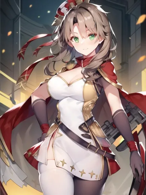 (hyper extreme detailed),(masterpeace),(hyper extreme),(photorealistic),CG,(colour:1.2), beautiful lighting,light from the front, solo,smlie, <lora:Exeter:1>,Exeter,blown hair,wavy hair,long hair,green eyes,white dress,asymmetrical legwear,asymmetrical clothes,asymmetrical hair, red cape,