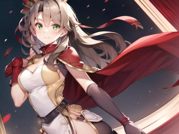 (hyper extreme detailed),(masterpeace),(hyper extreme),(photorealistic),CG,(colour:1.2), beautiful lighting,light from the front, solo,smlie, <lora:Exeter:1>,Exeter,blown hair,wavy hair,long hair,green eyes,white dress,asymmetrical legwear,asymmetrical clothes,asymmetrical hair, red cape,