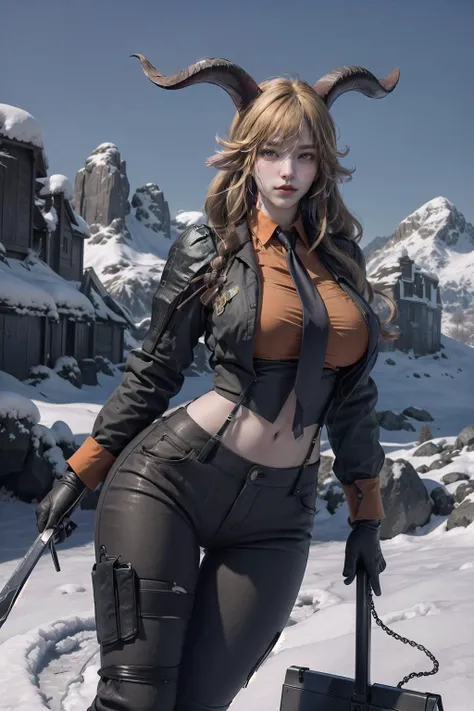 sexy,(best quality, masterpiece, ultra high resolution),(photorealistic:1.4),1girl,( closed mouth, cool,(degenbrecher(arknights)),necktie, goat girl, black necktie, horns, weapon, hair between eyes, goat horns, suspenders, animal ears, blonde hair, very long hair, black pants, black gloves, yellow eyes, collared shirt, orange shirt, goat ears,pants,illustration view, (very_long_legs:1.1)),(slim),(shiny skin:0.5),Snowy Mountains,(,looking at another), (huge breasts),vivid colours,complementary shades,dark theme,(Cold and warm contrast:1.2), <lora:oc_v10:0.25>,<lora:degenbrecher:0.8:clothe>, <lora:add_detail:0.5>, <lora:VeryLongLegs_v2:0.25:BODY>,