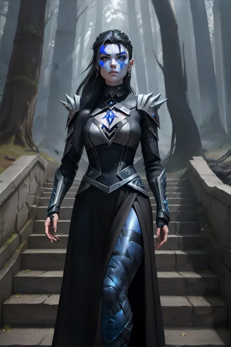 woman wearing Mythpunk fashion, Midnight Blue skin, Silver eyes, Raven black Mullet, Forest tattoo, Endless Staircase background || portrait, character art, masterpiece, 8k, high resolution, shallow depth of field, sharp focus