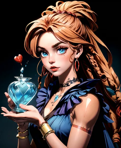 (extremely detailed 8k),(masterpiece),(best quality), highly detailed, smooth and sharp outlines, <lora:add_detail:1.4> (extremely detailed 8k),(masterpiece),(best quality), Fairy punk ((Witch Alchemist with Aquamarine eyes, Strawberry Blonde Dreads hair, and Mahogany skin)).  (Arched eyebrows and Heart tattoo).  (Feathered Earrings and holds a special Bracelet of Brilliance), highly detailed, smooth and sharp outlines, <lora:add_detail:1.4>