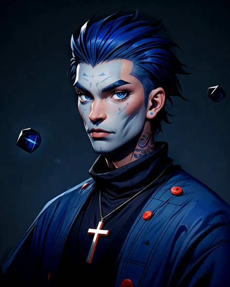 (extremely detailed 8k),(masterpiece),(best quality), Nowpunk ((Prince Shaman with Sapphire Blue eyes, Slate gray Side Shaved hair, and Midnight Blue skin)). (Button Nose and Cross tattoo). (Leaf-shaped Pendant and holds a special Obsidian Orb), highly detailed, smooth and sharp outlines, <lora:add_detail:1.4>