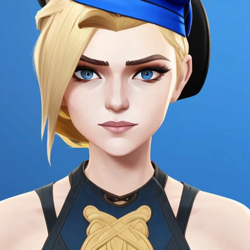 a portrait of a blonde girl with blue cap and blue shirt