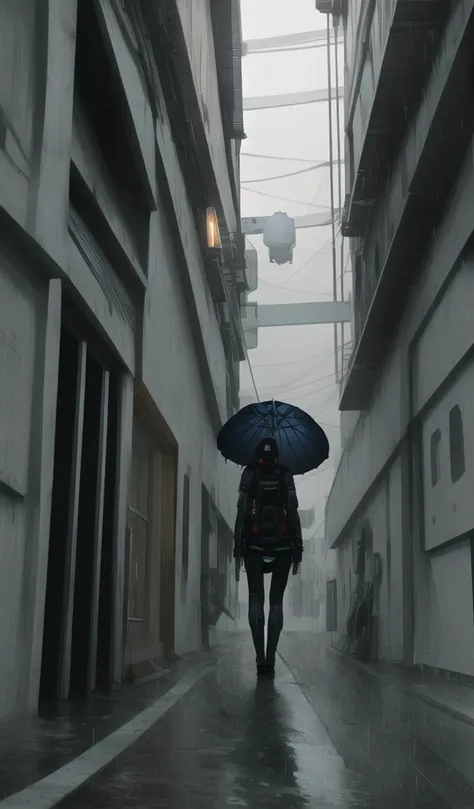 (extremely detailed CG unity 8k wallpaper),(masterpiece), (best quality), (realistic), cyberpunk, japan, scenery, dark alley, rain, umbrella, 1girl