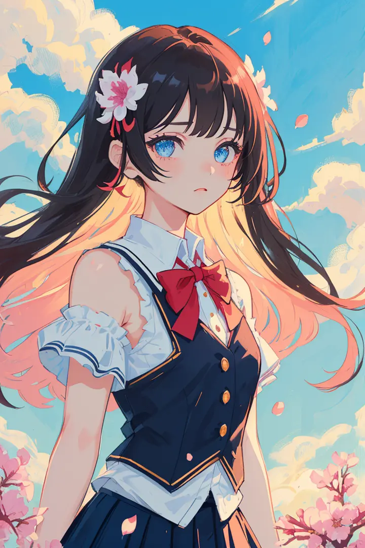 (((masterpiece))), (((best quality))), ((ultra-detailed)), (illustration), (1 girl), (solo), ((an extremely delicate and beautiful)), girl, ((beautiful detailed sky)), beautiful detailed eyes, side blunt bangs, hairs between eyes, ribbons, bowties, buttons, bare shoulders, (small breast), blank stare, pleated skirt, close to viewer, ((breeze)), Flying splashes, Flying petals, wind