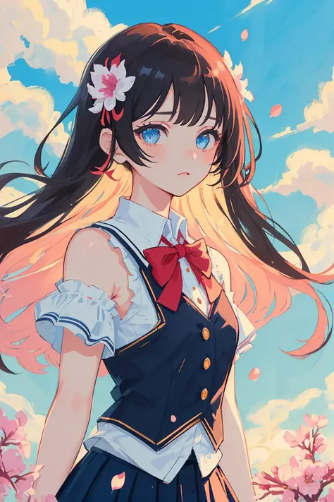 (((masterpiece))), (((best quality))), ((ultra-detailed)), (illustration), (1 girl), (solo), ((an extremely delicate and beautiful)), ***********, ((beautiful detailed sky)), beautiful detailed eyes, side blunt bangs, hairs between eyes, ribbons, bowties, buttons, bare shoulders, (small breast), blank stare, pleated skirt, close to viewer, ((breeze)), Flying splashes,  Flying petals, wind