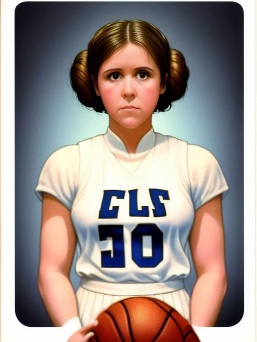 full body shot, photorealistic, masterpiece, high detail, ep6leia-1100 (((basketball player))), ((beautiful detailed face)), ((looking at the camera)), in the style of a basketball card