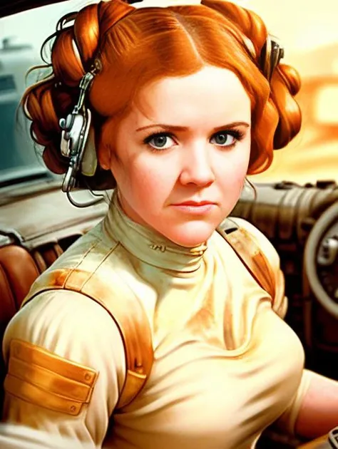 medium shot, photorealistic, masterpiece, high detail, ep6leia-1100 (((driving the V8 Interceptor from Mad Max))), ((((beautiful detailed face)))), ((looking at the camera)), post apocalyptic,