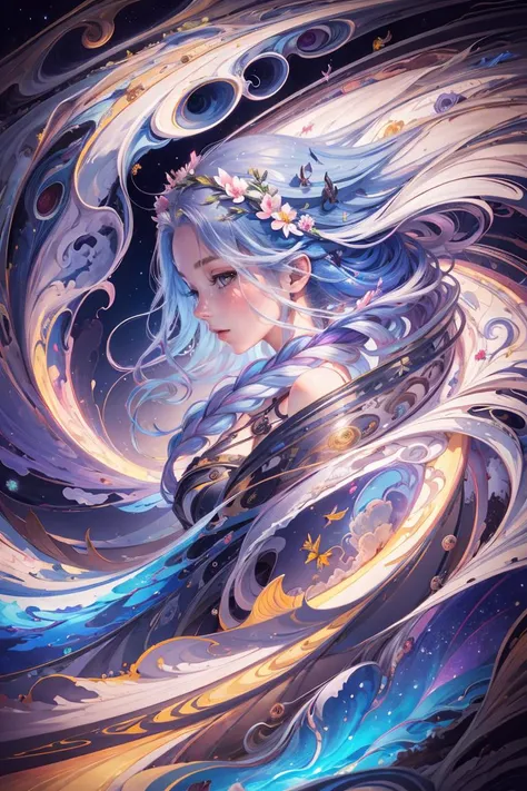 half portrait, wave, 1 girl, 18 yo, extremely long hair, silvercleavage dress,
flower blossom, galaxy, spiral nebula, birds, dreamlike,
best quality, masterpiece, ultra high res, illustration, deep shadow, rim light, <lora:Dash_wave:.8>,