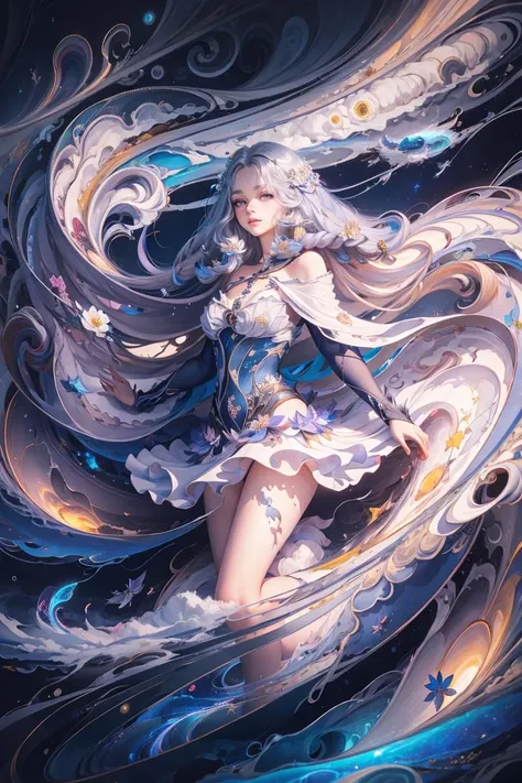 knee-length portrait, wave, 1 girl, 18 yo, extremely long hair, silvercleavage dress,
flower blossom, galaxy, spiral nebula, birds, dreamlike,
best quality, masterpiece, ultra high res, illustration, deep shadow, rim light, <lora:Dash_wave:.8>,