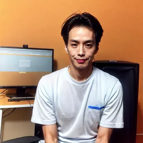 solo, 1boy, male focus, realistic,closed mouth, upper body, smile,akutagawa ryunosuke,<lyco:akutagawa ryunosuke:0.7>,color photograph,(Biceps brachii,abs,Shiny with sweat,mini t-shirt,Pumped up,Sitting in front of a desktop computer, watching a live stream)