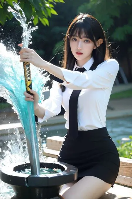 ((masterpiece), (best quality), ultra high res, (raw photo:1.2), (photorealistic:1.4), highres, 8k, absurdres,  1girl,MMN,MN,cho girl, black hair, sword, holding sword, (water magic, water vortex:1.3), blue sword, glowing sword, white shirt, necktie, black skirt, bangs, full body, looking at viewer,
<lora:JP_Girl-000011:0.4><lora:add_detail:-1><lora:more_details:0.2>
<lora:wuxia2:0.3:lbw=1,1,1,1,1,1,1,1,0.2,0.2,0.2,1,1,1,1,1,1> yushui, water<lora:_l4_V3:0.3>