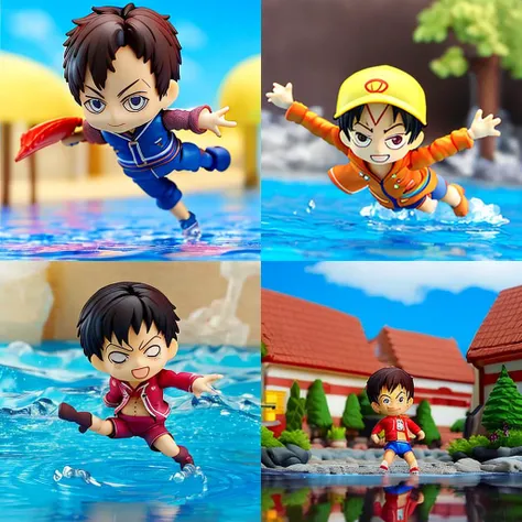<hypernet:sdHypernetNendroid_10:1>,Nendroid onepiece luffy Figure,flying pose in lake, at the noon, toy_photo,
