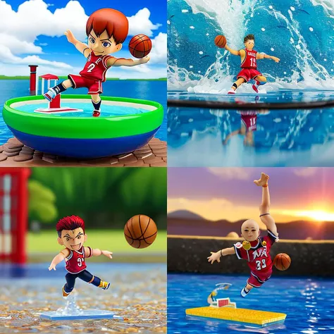 <hypernet:sdHypernetNendroid_10:1>,Nendroid slamdunk sakuragi Figure,flying pose in lake, at the noon, toy_photo,