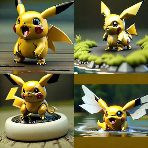 <hypernet:sdHypernetNendroid_10:1>,Nendroid pokemon pikachu Figure,flying pose in lake, at the noon, toy_photo,