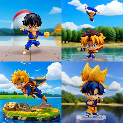 <hypernet:sdHypernetNendroid_10:1>,Nendroid dragonBall Goku Figure,flying pose in lake, at the noon, toy_photo,