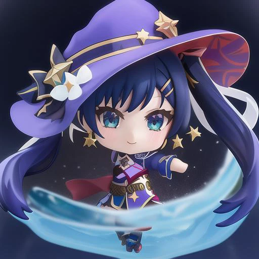 Nendoroid Genshin Impact Mona Figure, 1girl, aqua_eyes, bangs, black_hair, blurry, blurry_background, blurry_foreground, bubble, chibi, depth_of_field, earrings, hair_ribbon, hat, jewelry, looking_at_viewer, mona_\(genshin_impact\), motion_blur, solo, space, star_\(sky\), star_\(symbol\), twintails, water, witch_hat,  <hypernet:Nendroid-27000:1>, smile