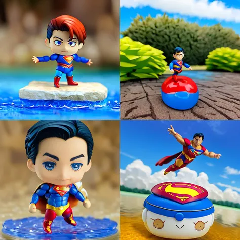 <hypernet:sdHypernetNendroid_10:1>,Nendroid DC superman Figure,flying pose in lake, at the noon, toy_photo,