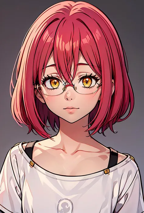 (masterpiece, best quality), 1girl,  <lora:Gowther:0.8> Gowther, gowcos, white shirt, yellow eyes, pink hair, semi-rimless eyewear, red hair, under-rim eyewear, glasses, collarbone, femboy, hair betweenn eyes