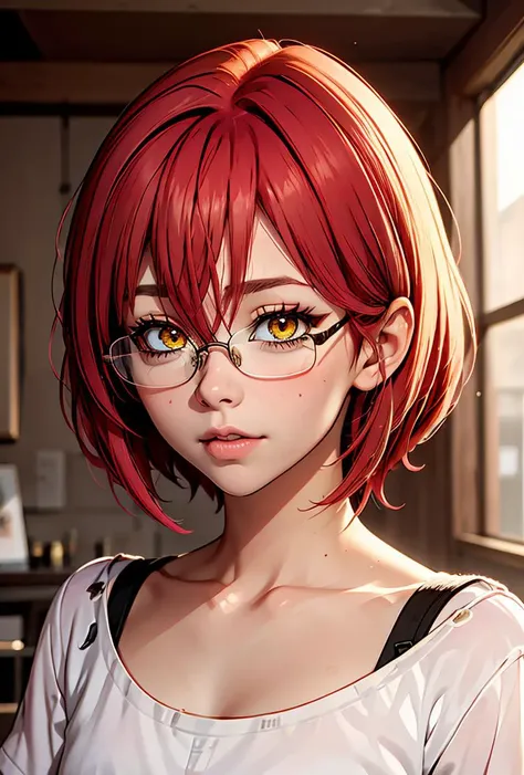 (masterpiece, best quality), 1girl,  <lora:Gowther:0.8> Gowther, gowcos, white shirt, yellow eyes, pink hair, semi-rimless eyewear, red hair, under-rim eyewear, glasses, collarbone, femboy, hair betweenn eyes