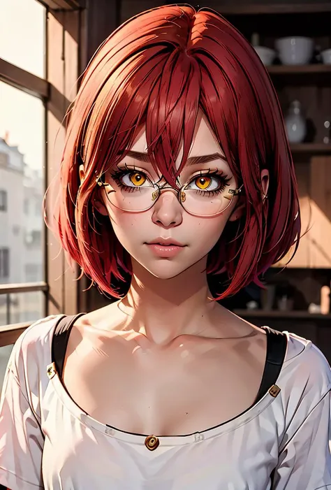 (masterpiece, best quality), 1girl,  <lora:Gowther:0.8> Gowther, gowcos, white shirt, yellow eyes, pink hair, semi-rimless eyewear, red hair, under-rim eyewear, glasses, collarbone, femboy, hair betweenn eyes