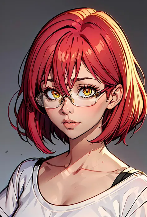 (masterpiece, best quality), 1girl,  <lora:Gowther:0.8> Gowther, gowcos, white shirt, yellow eyes, pink hair, semi-rimless eyewear, red hair, under-rim eyewear, glasses, collarbone, femboy, hair betweenn eyes