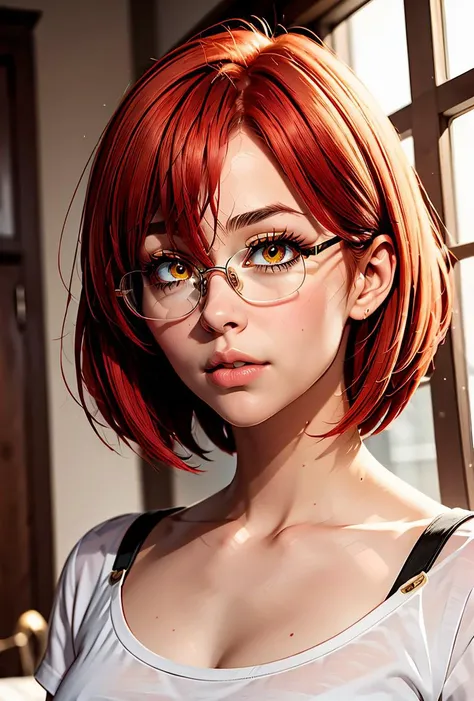 (masterpiece, best quality), 1girl,  <lora:Gowther:0.8> Gowther, gowcos, white shirt, yellow eyes, pink hair, semi-rimless eyewear, red hair, under-rim eyewear, glasses, collarbone, femboy, hair betweenn eyes