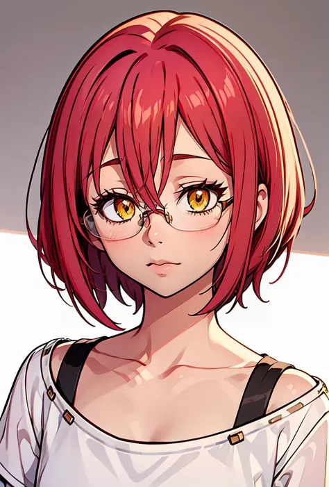 (masterpiece, best quality), 1girl,  <lora:Gowther:0.8> Gowther, gowcos, white shirt, yellow eyes, pink hair, semi-rimless eyewear, red hair, under-rim eyewear, glasses, collarbone, femboy, hair betweenn eyes