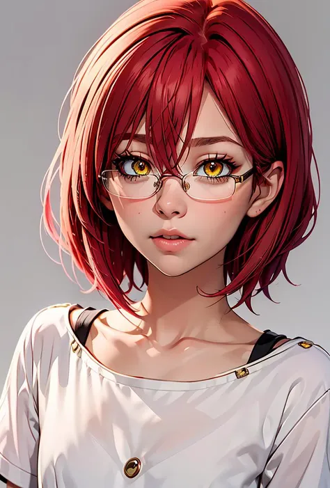 (masterpiece, best quality), 1girl,  <lora:Gowther:0.8> Gowther, gowcos, white shirt, yellow eyes, pink hair, semi-rimless eyewear, red hair, under-rim eyewear, glasses, collarbone, femboy, hair betweenn eyes