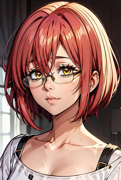 (masterpiece, best quality), 1girl,  <lora:Gowther:0.8> Gowther, gowcos, white shirt, yellow eyes, pink hair, semi-rimless eyewear, red hair, under-rim eyewear, glasses, collarbone, femboy, hair betweenn eyes