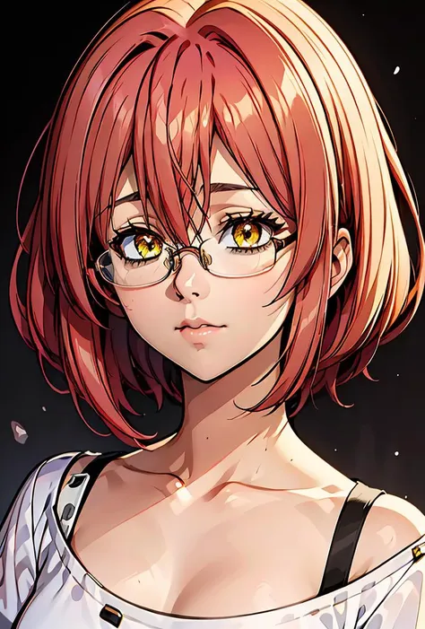 (masterpiece, best quality), 1girl,  <lora:Gowther:0.8> Gowther, gowcos, white shirt, yellow eyes, pink hair, semi-rimless eyewear, red hair, under-rim eyewear, glasses, collarbone, femboy, hair betweenn eyes