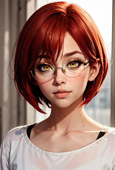 (masterpiece, best quality), 1girl,  <lora:Gowther:0.8> Gowther, gowcos, white shirt, yellow eyes, pink hair, semi-rimless eyewear, red hair, under-rim eyewear, glasses, collarbone, femboy, hair betweenn eyes