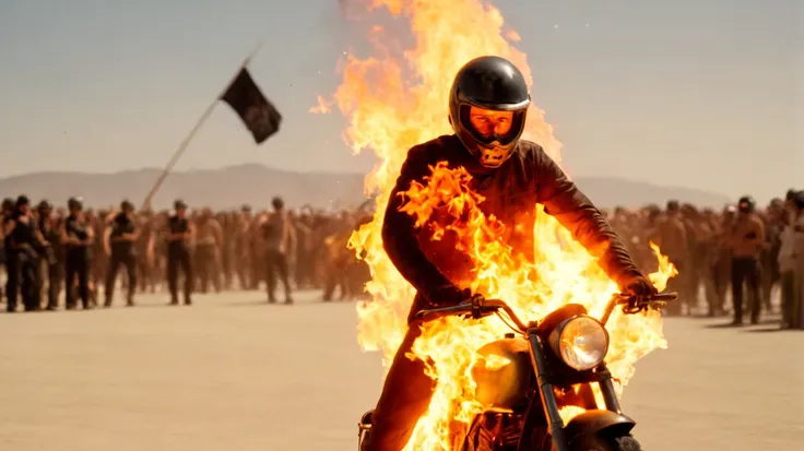 cinematic Film Still action shot a burning  immolation stuntman  wearing a motorcycle helmet at the burning man festival   <lora:immolation-lightWeight:1>, crowd cheering