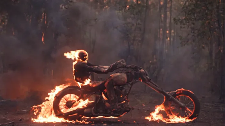 cinematic Film Still  (immolation:1.4) man with a skull head riding a burning motorcycle inside a dark forest  <lora:immolation-lightWeight:1>, burnt skin