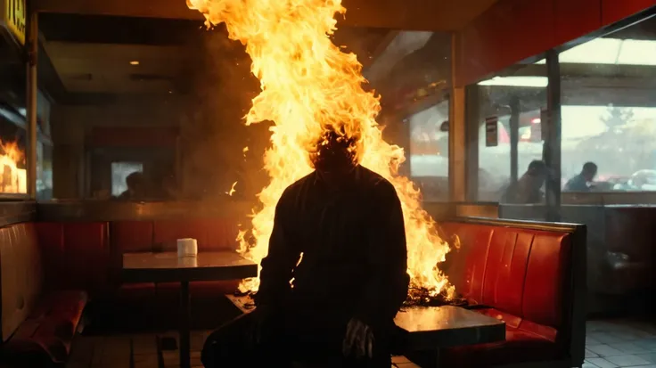 cinematic Film Still  immolation man  sitting inside an McDonald restaurant <lora:immolation-lightWeight:1>,