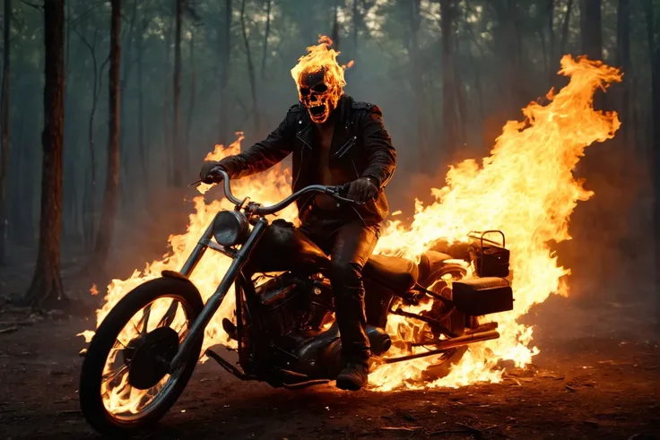 cinematic Film Still (immolation:1.4) screaming man with a burning head wearing motorcycle leather outfit riding a burning low rider chopper motorcycle with long handle bars inside a dark forest <lora:immolation-lightWeight:1>, burnt skin