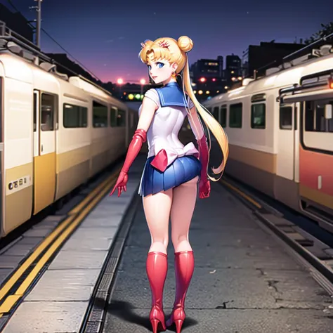 (8k, RAW photo, best quality, masterpiece:1.2), (ultra highres:1.0), detailed illustration, detailed, (realistic, photo-realistic:1.37), detailed beautiful skin,
<lora:Sailor_Moon-01:0.8> sailor moon, (1 girl: 1.2),(full body:1.2),(hand of Guido Daniele:1.2), slim body, cute, happy, long hair, long leg, cleavage,blue skirt,red bow,blue eyes,blond hair,twin tails,hair bun,hair ornament,blue sailor collar, red choker, red boots, high heels, sailor senshi uniform, white gloves,tiara,elbow gloves,pleated skirt,knee boots, looking at viewer (1 girl: 1.2), extremely beautiful girl, cute, young,, (from behind),
<lora:accidentalExposure_v10:0.8>, accidental exposure,
n a train, train background,