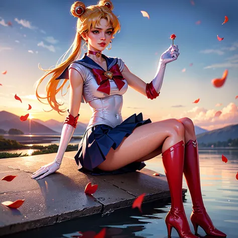 (8k, RAW photo, best quality, masterpiece:1.2), (ultra highres:1.0), detailed illustration, detailed, (realistic, photo-realistic:1.37), detailed beautiful skin,
 <lora:Sailor_Moon-01:0.8> sailor moon, (1 girl: 1.2),(full body:1.2),(hand of Guido Daniele:1.2), slim body, cute, happy, long hair, long leg, cleavage,blue skirt,red bow,blue eyes,blond hair,twin tails,hair bun,hair ornament,blue sailor collar, red choker, red boots, high heels, sailor senshi uniform, white gloves,tiara,elbow gloves,pleated skirt,knee boots
blue sky, beautiful sky, (scenery), lake, falling petals, falling leaves, cowboy shot,