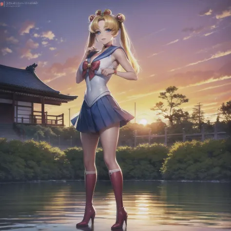(8k, RAW photo, best quality, masterpiece:1.2), (ultra highres:1.0), detailed illustration, detailed, (realistic, photo-realistic:1.37), detailed beautiful skin,
 <lora:Sailor_Moon-01:1> sailor moon, (1 girl: 1.2),(full body:1.2),(hand of Guido Daniele:1.2), slim body, cute, happy, long hair, long leg,thick thighs, cleavage,blue skirt,red bow,blue eyes,blond hair,twin tails,hair bun,hair ornament,blue sailor collar, red choker, red boots, high heels, sailor senshi uniform,
standing in garden,
in water, in onsen, japan temple, torii, outdoors, sunset,  plants, japan buildings,photographer, foreground, camera,