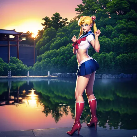 (8k, RAW photo, best quality, masterpiece:1.2), (ultra highres:1.0), detailed illustration, detailed, (realistic, photo-realistic:1.37), detailed beautiful skin,
<lora:Sailor_Moon-01:1> sailor moon, (1 girl: 1.2),(full body:1.2),(hand of Guido Daniele:1.2), slim body, cute, happy, long hair, long leg,thick thighs, cleavage,blue skirt,red bow,blue eyes,blond hair,twin tails,hair bun,hair ornament,blue sailor collar, red choker, red boots, high heels, sailor senshi uniform,
standing in garden,
in water, in onsen, japan temple, torii, outdoors, sunset, plants, japan buildings,photographer, foreground, camera,
